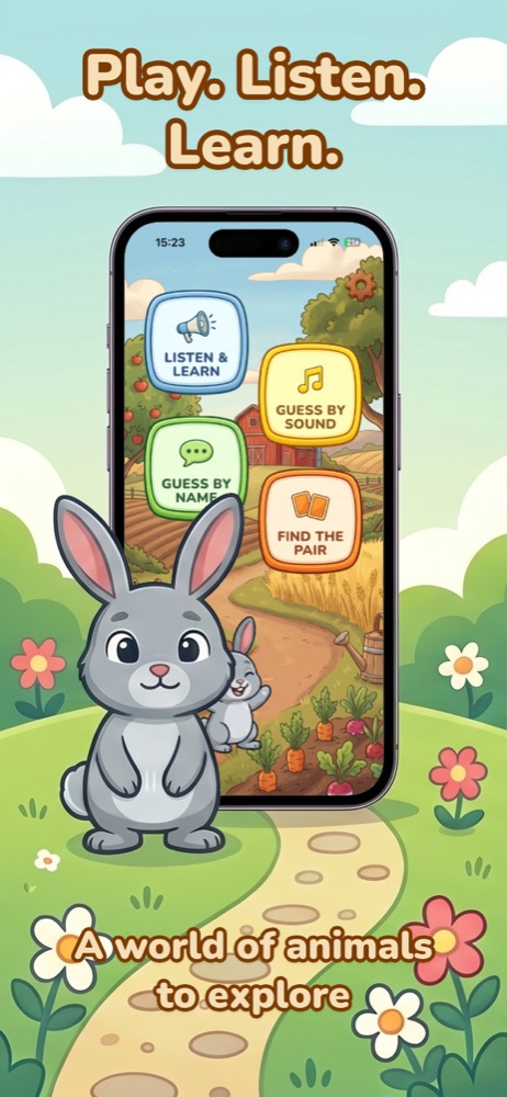 Home screen: Play. Listen. Learn.